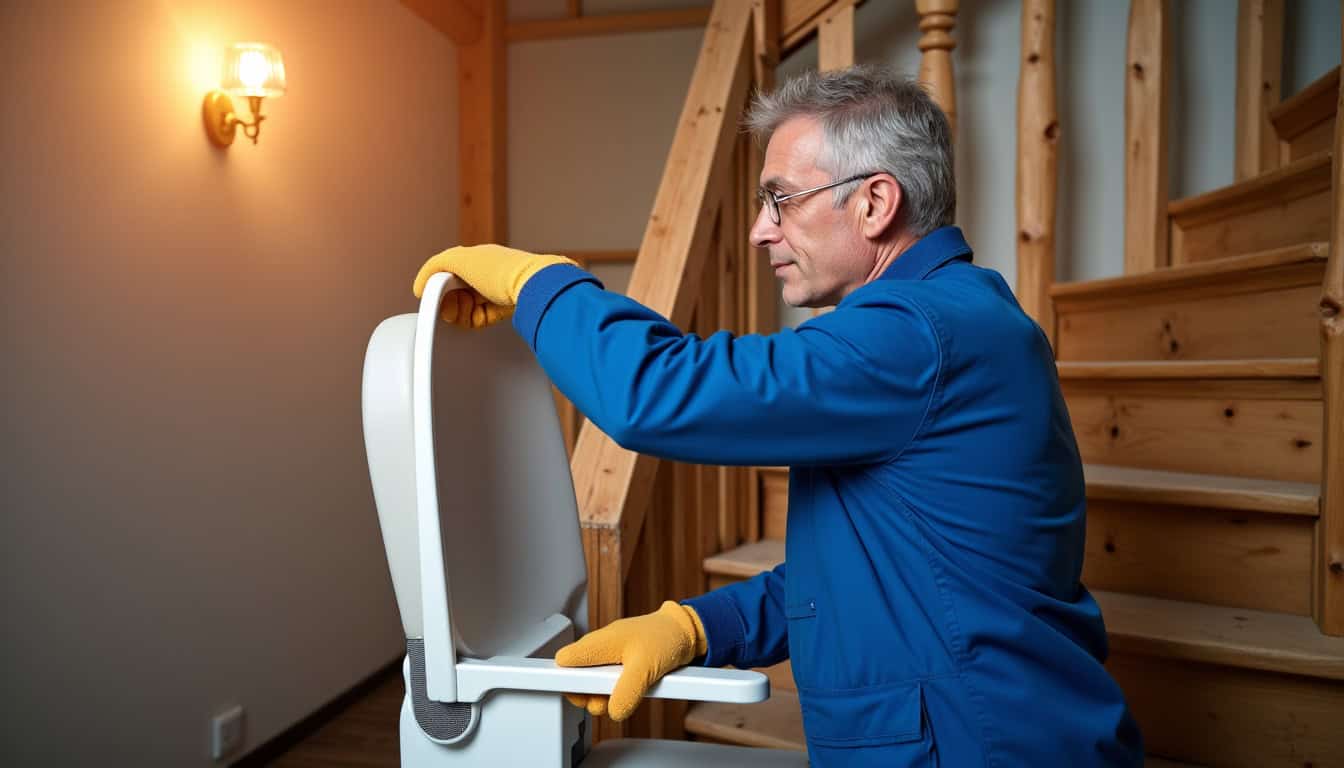 Technicien en train d’installer un monte-escalier à Gerde dans une maison traditionnelle