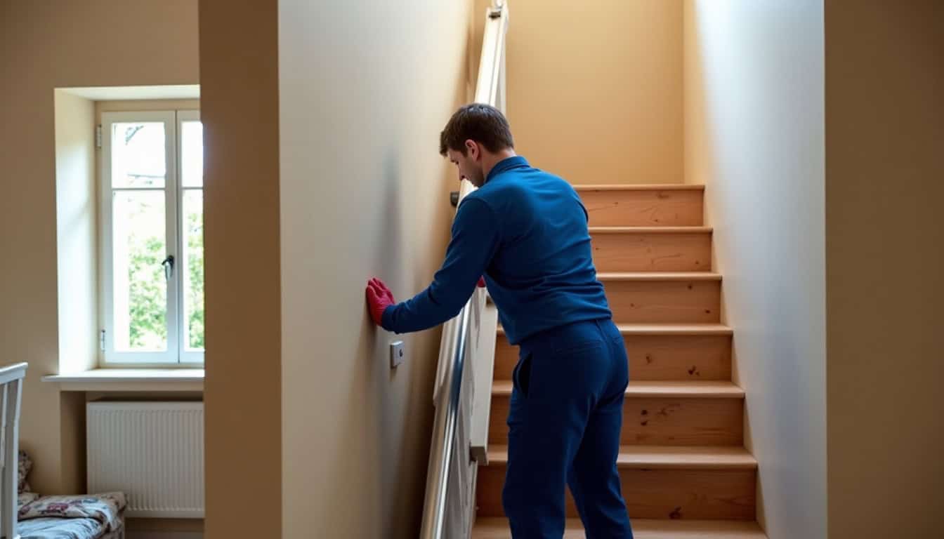 Technicien en train d’installer un monte-escalier à Lavans-lès-Saint-Claude