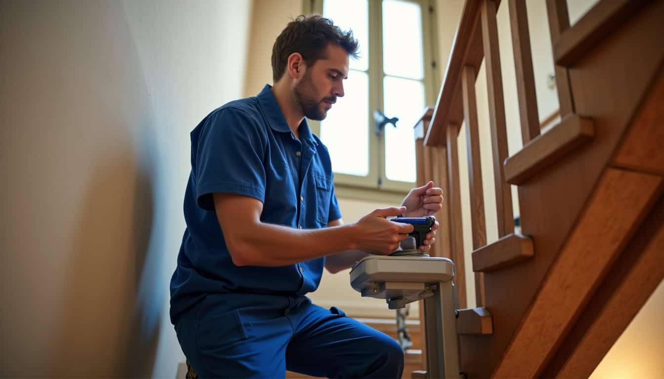 Technicien en train d’installer un monte-escalier à Le Grand-Lucé