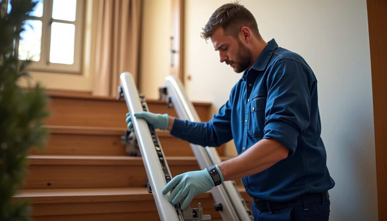 Technicien en train d’installer un monte-escalier à l’intérieur d’une maison à Plouha