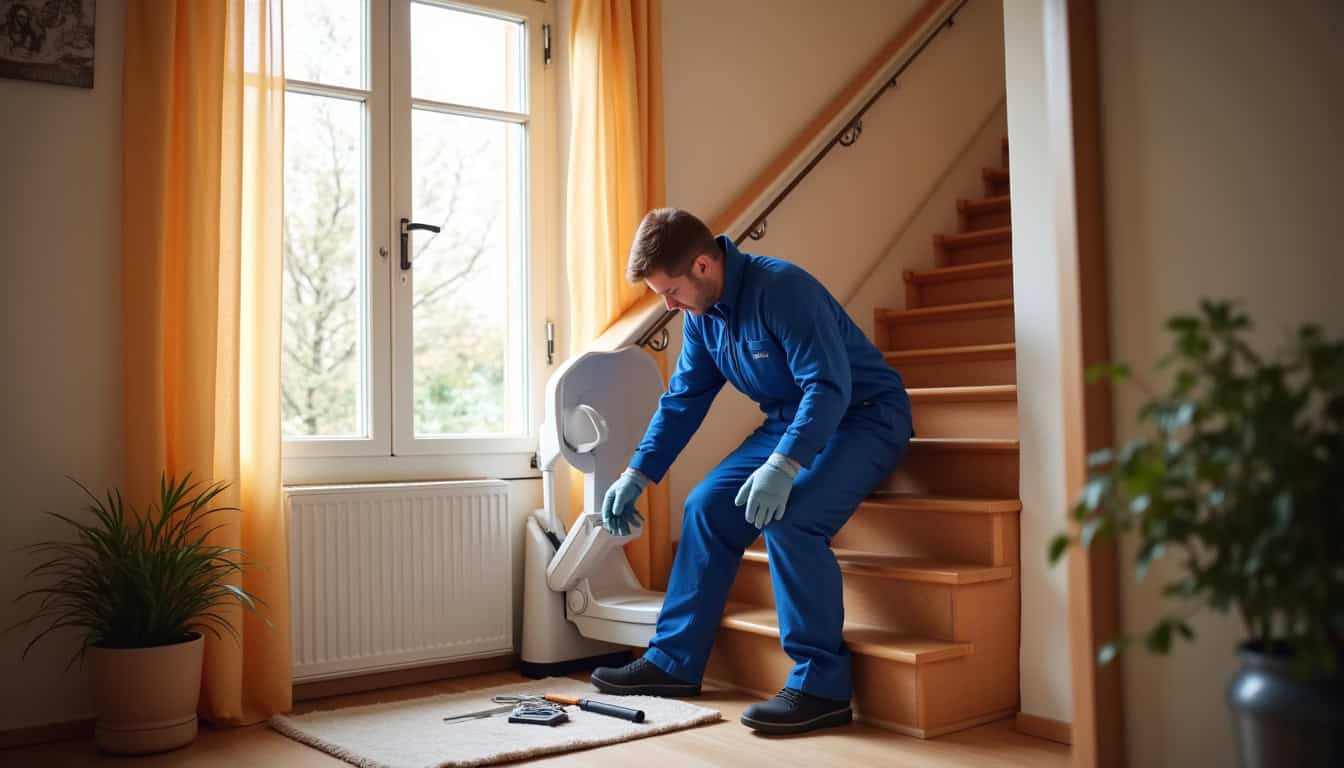 Technicien en train d’installer un monte-escalier à l’intérieur d’une maison à Saulxures-sur-Moselotte