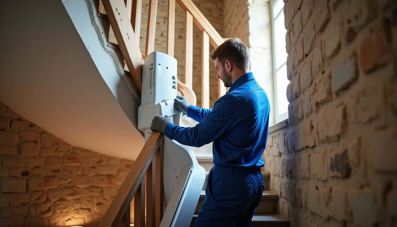 Technicien en train d’installer un monte-escalier à Loriol-sur-Drôme