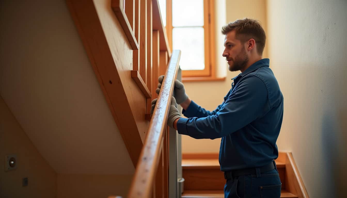 Technicien en train d’installer un monte-escalier à Luzillat