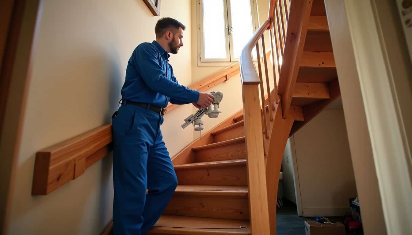 Technicien en train d’installer un monte-escalier à Montbron