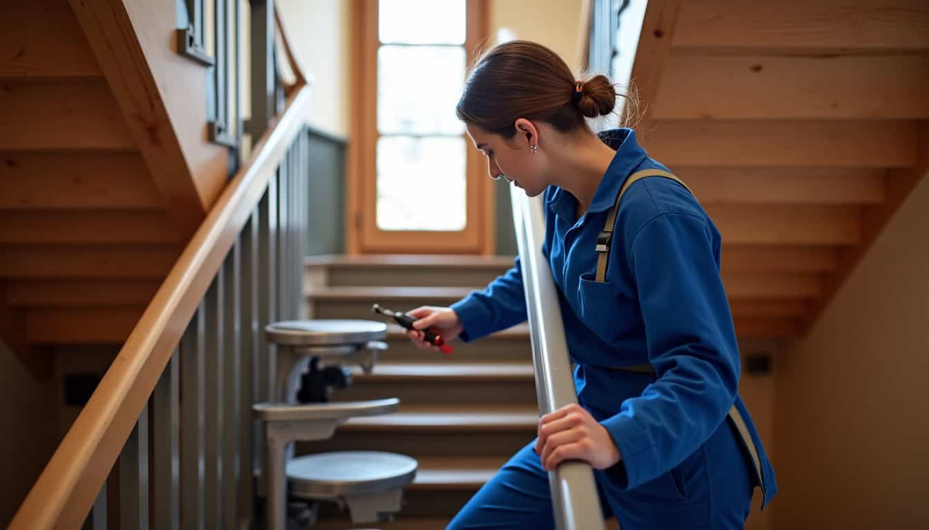 Technicien en train d’installer un monte-escalier à Neufchâtel-en-Bray