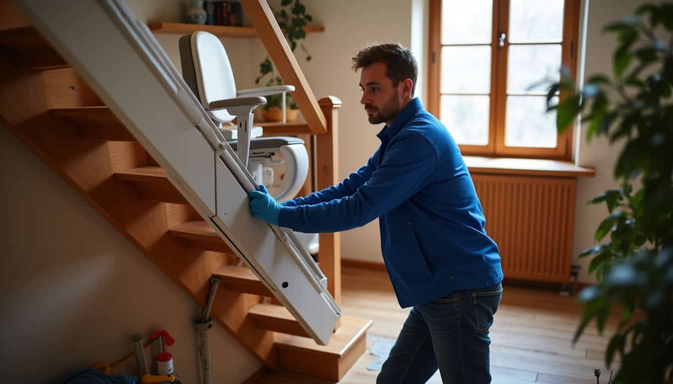 Technicien en train d’installer un monte-escalier à Ohnenheim
