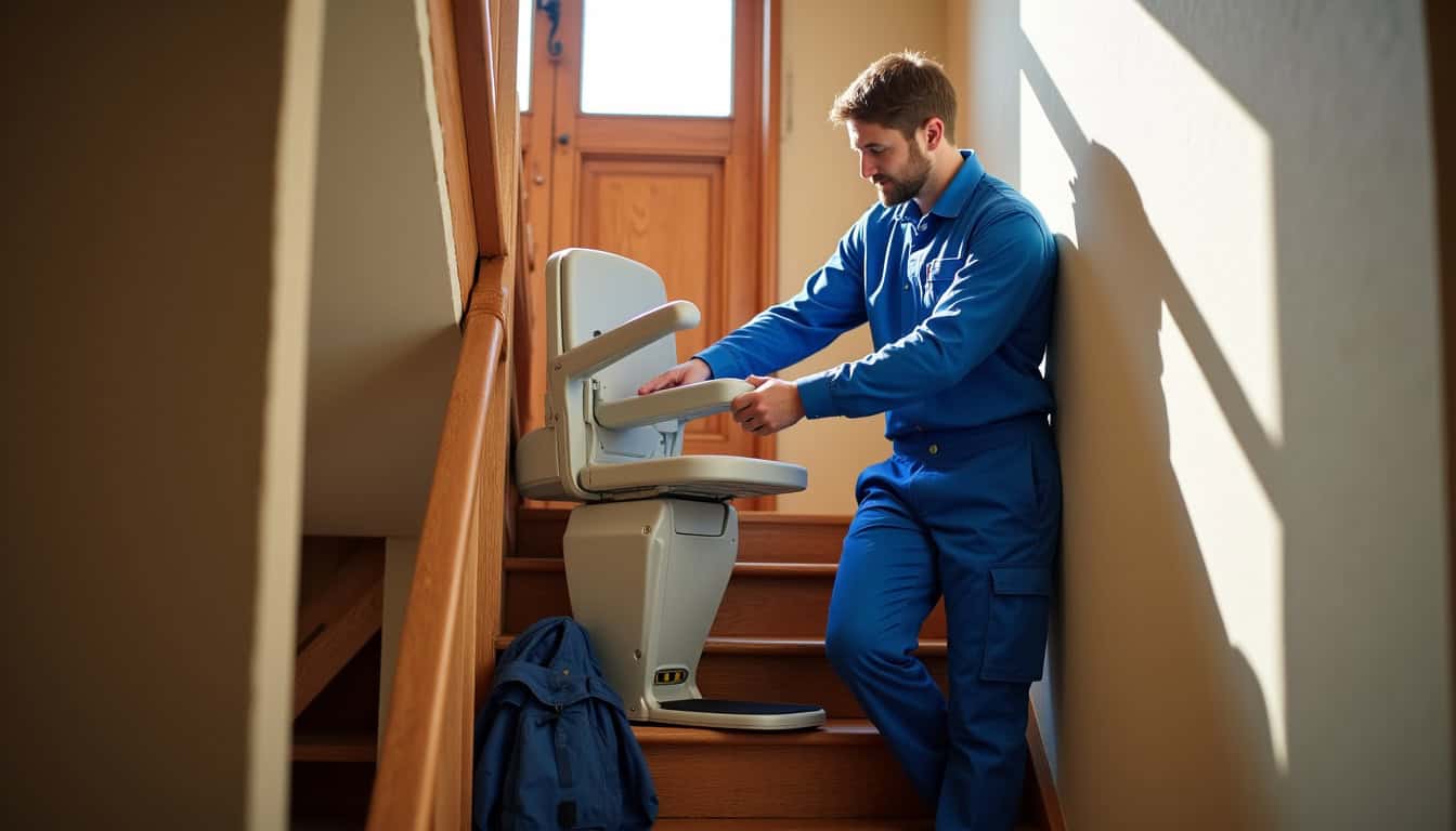 Technicien en train d’installer un monte-escalier à Perriers-sur-Andelle