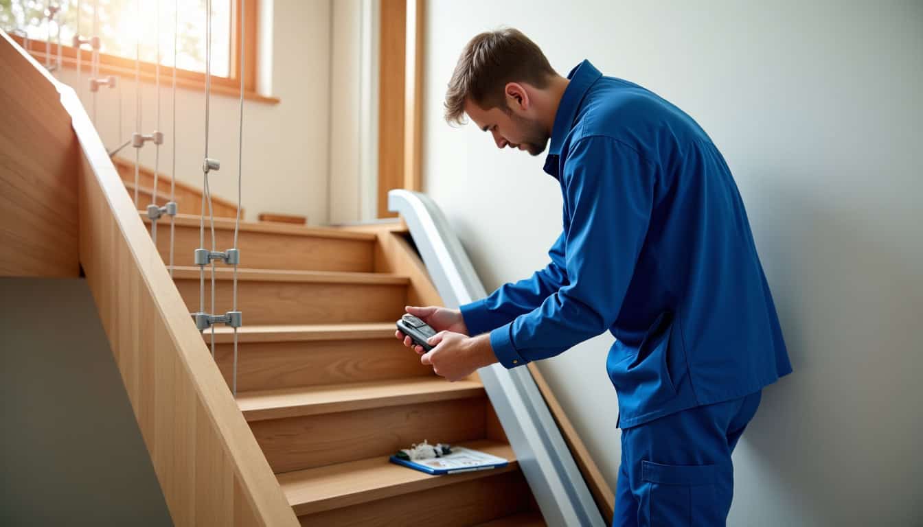 Technicien en train d’installer un monte-escalier à Plougoumelen