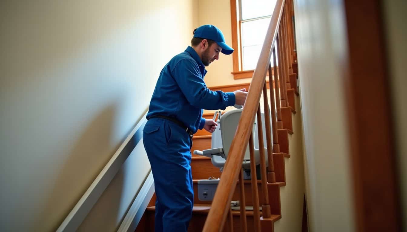 Technicien en train d’installer un monte-escalier à Pruniers-en-Sologne