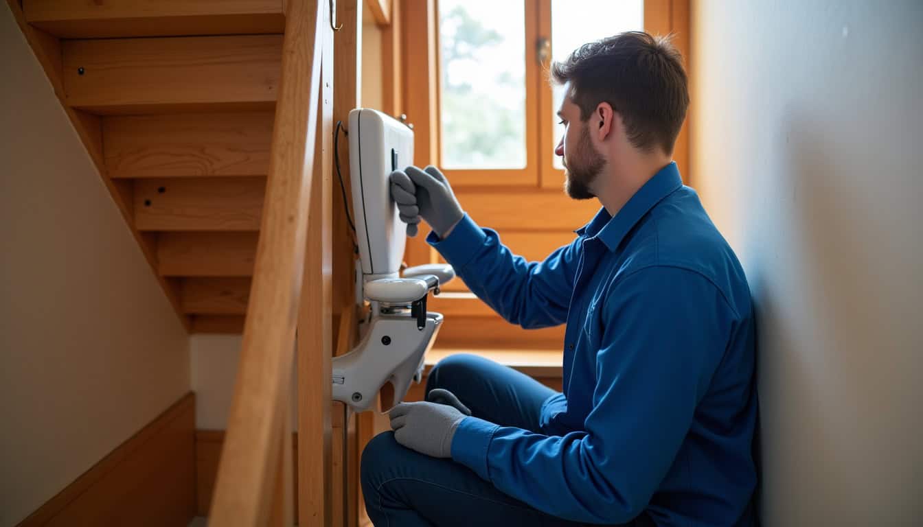 Technicien en train d’installer un monte-escalier à Roppe