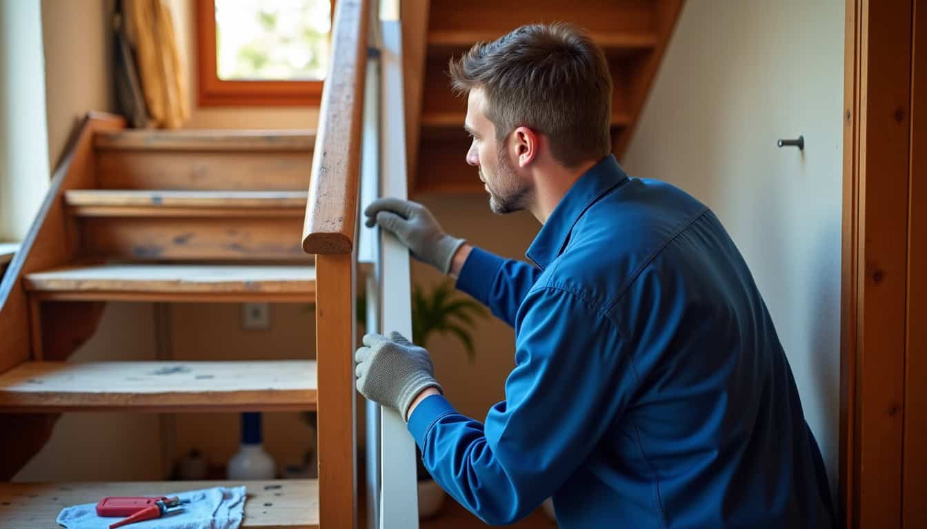 Technicien en train d’installer un monte-escalier à Saint-Amour
