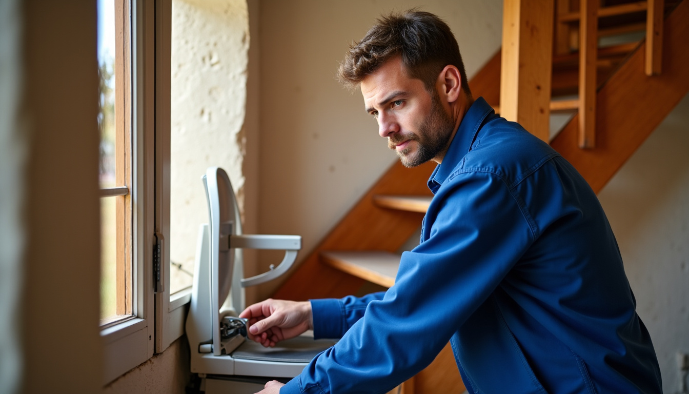 Technicien en train d’installer un monte-escalier à Saint-Méen-le-Grand