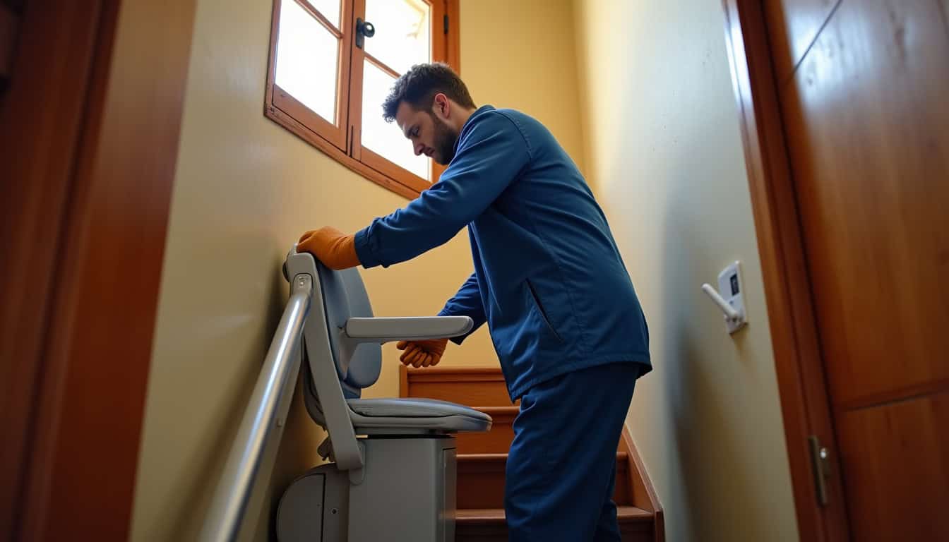 Technicien en train d’installer un monte-escalier à Saze