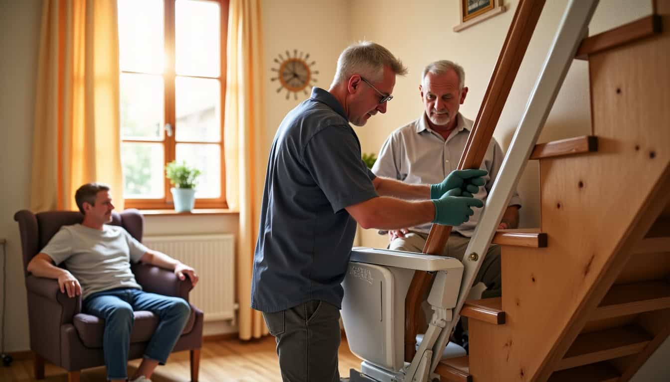 Technicien en train d’installer un monte-escalier à Tourville-sur-Arques, en présence du propriétaire
