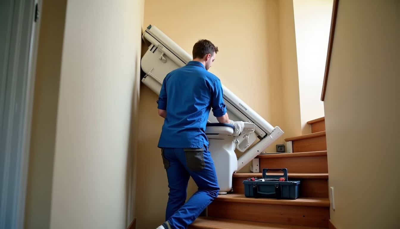Technicien en train d’installer un monte-escalier à Tullins