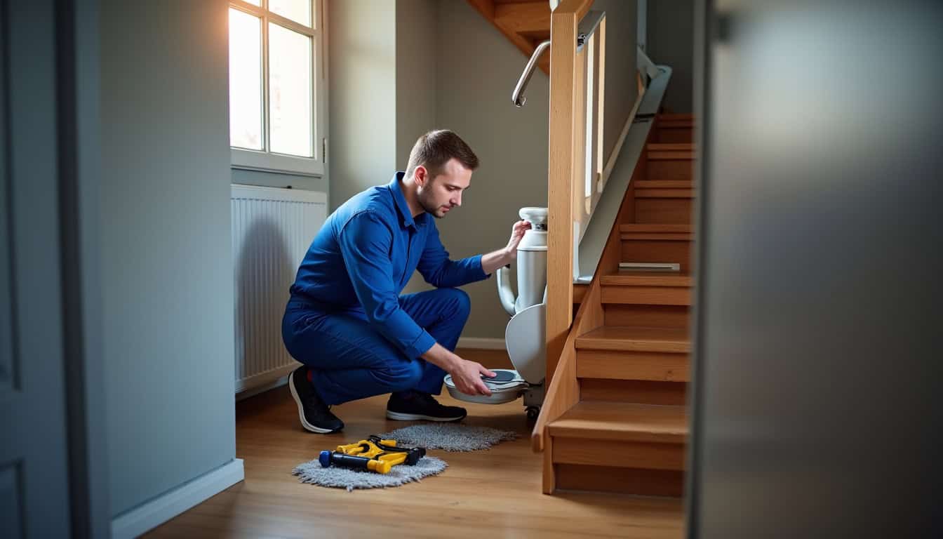 Technicien en train d’installer un monte-escalier à Verfeil