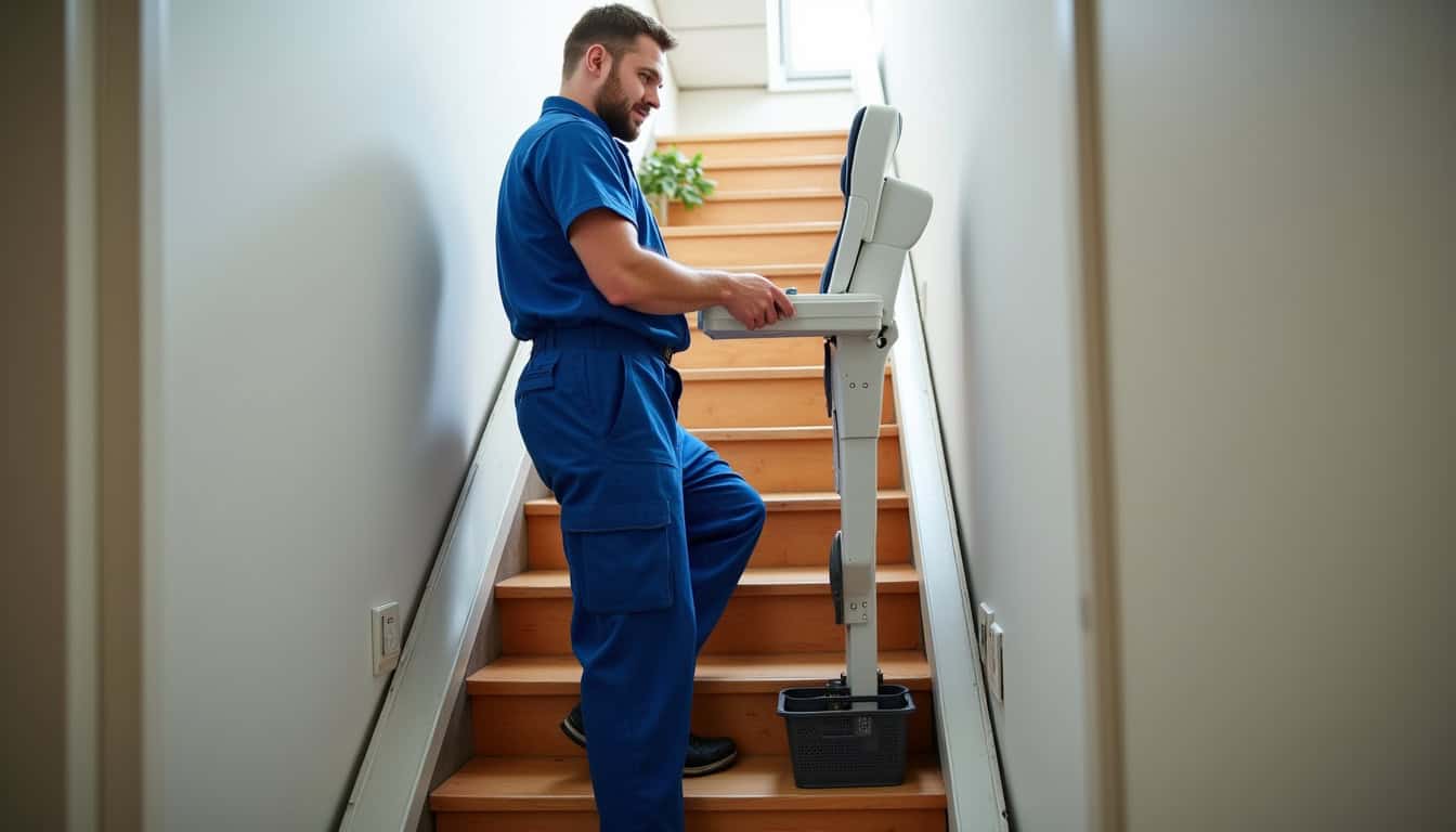 Technicien en train d’installer un monte-escalier à Villegailhenc