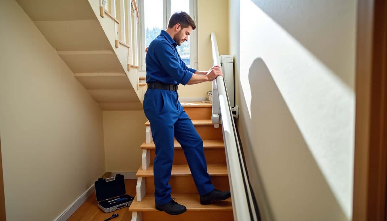 Technicien en train d’installer un monte-escalier à Villiers-sur-Morin