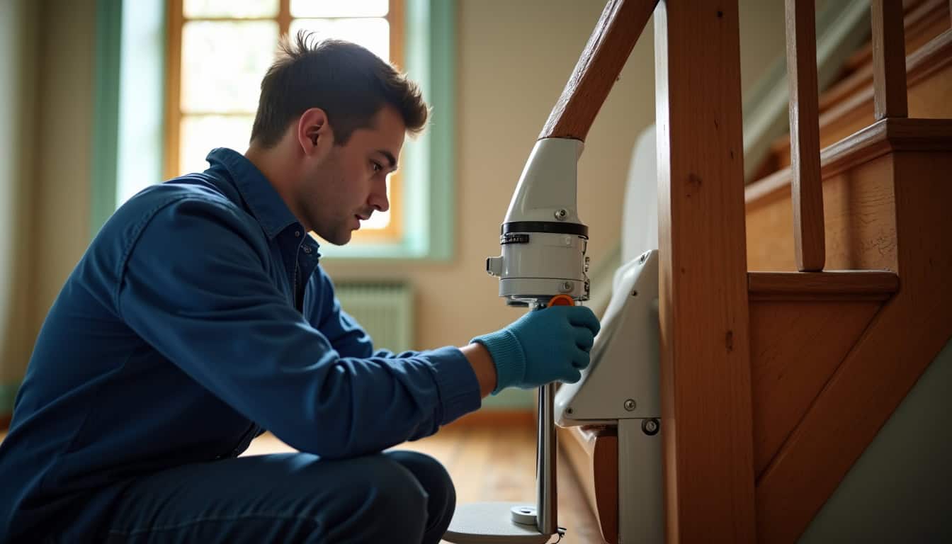 Technicien en train d’installer un monte-escalier courbe dans une maison à Barbizon