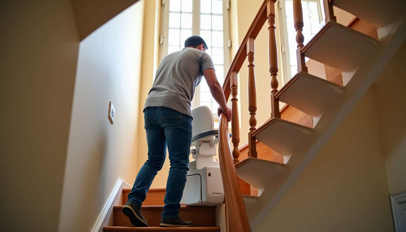 Technicien en train d’installer un monte-escalier courbe dans une maison à Lançon-Provence