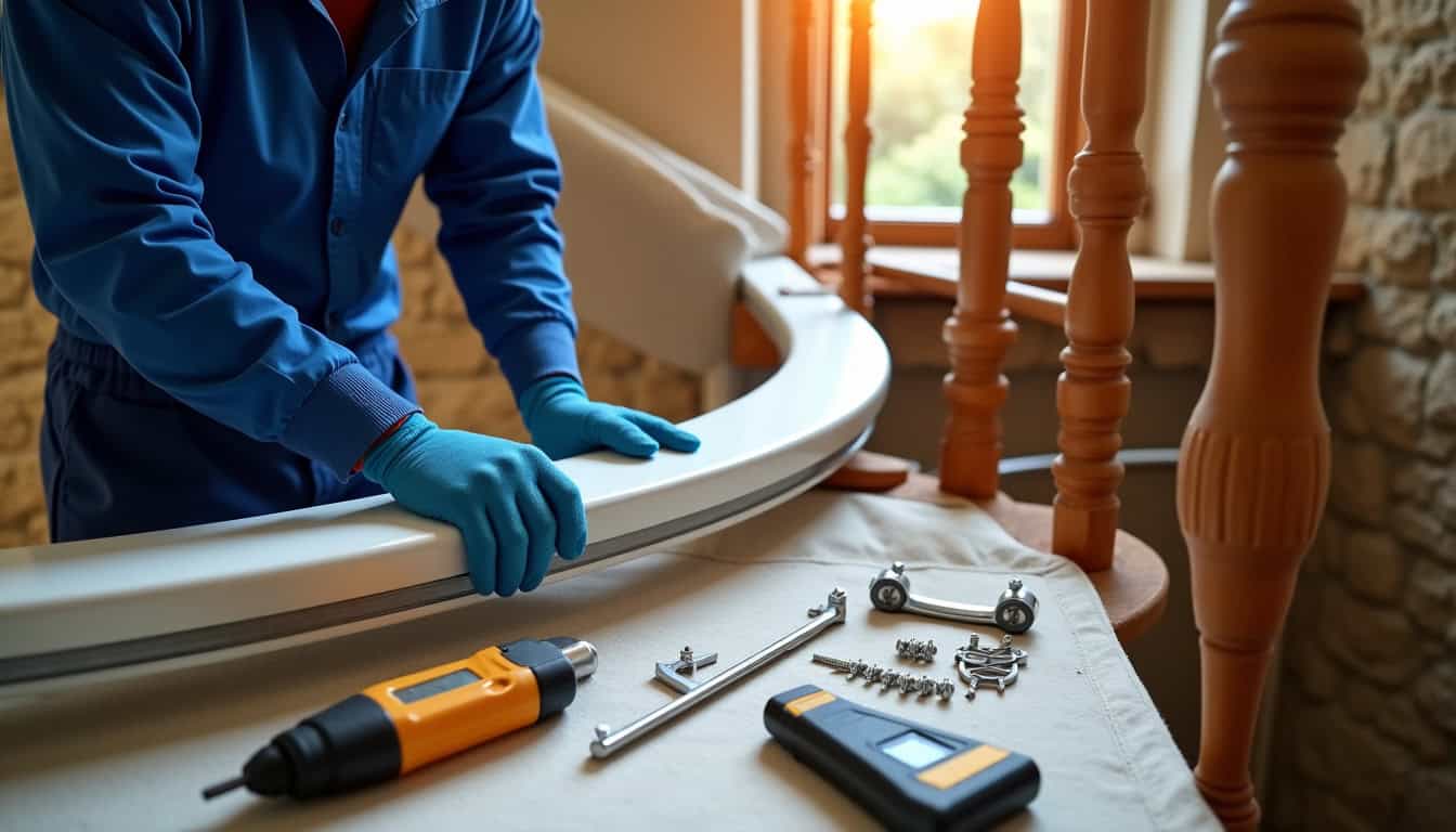 Technicien en train d’installer un monte-escalier courbe dans une maison de Lorp-Sentaraille, avec outils et matériel de pose