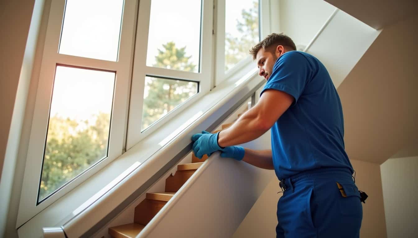 Technicien en train d’installer un monte-escalier dans un domicile à Vénissieux