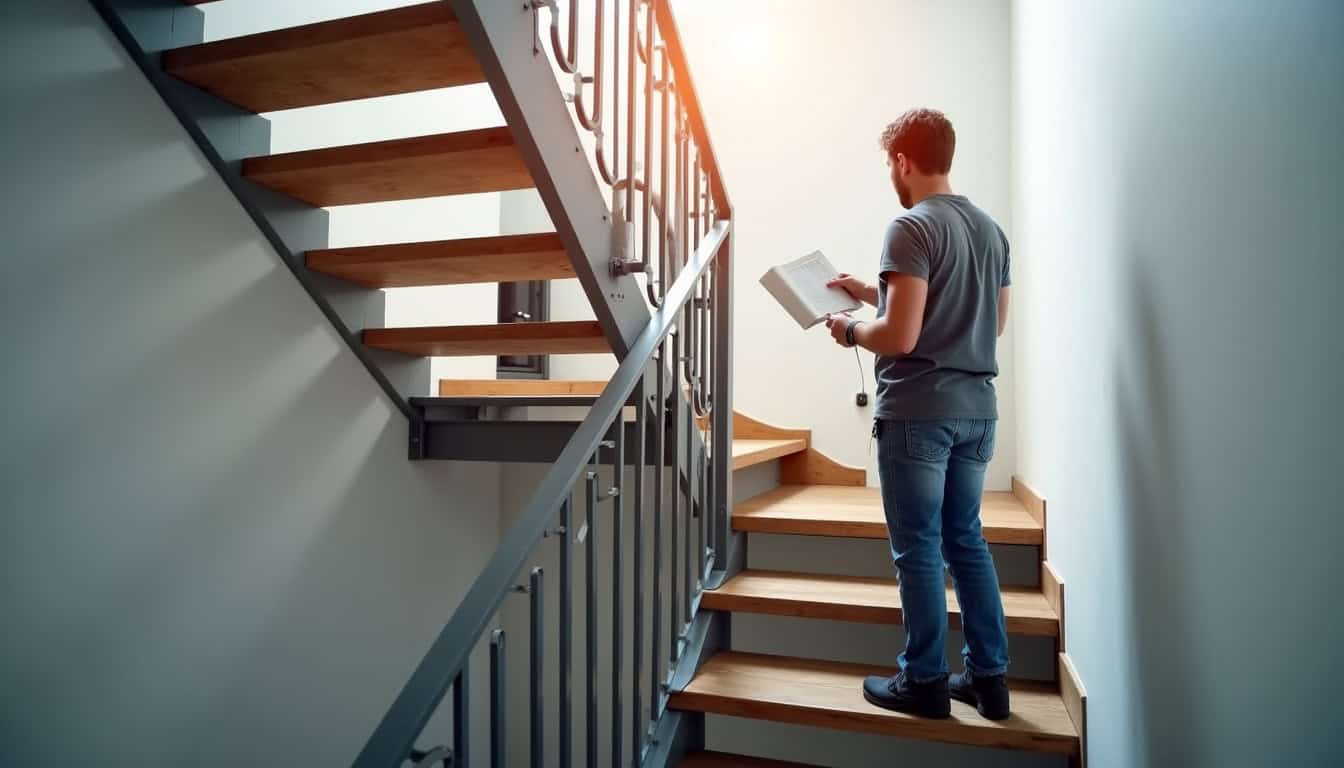 Technicien en train d’installer un monte-escalier dans un logement à Serques