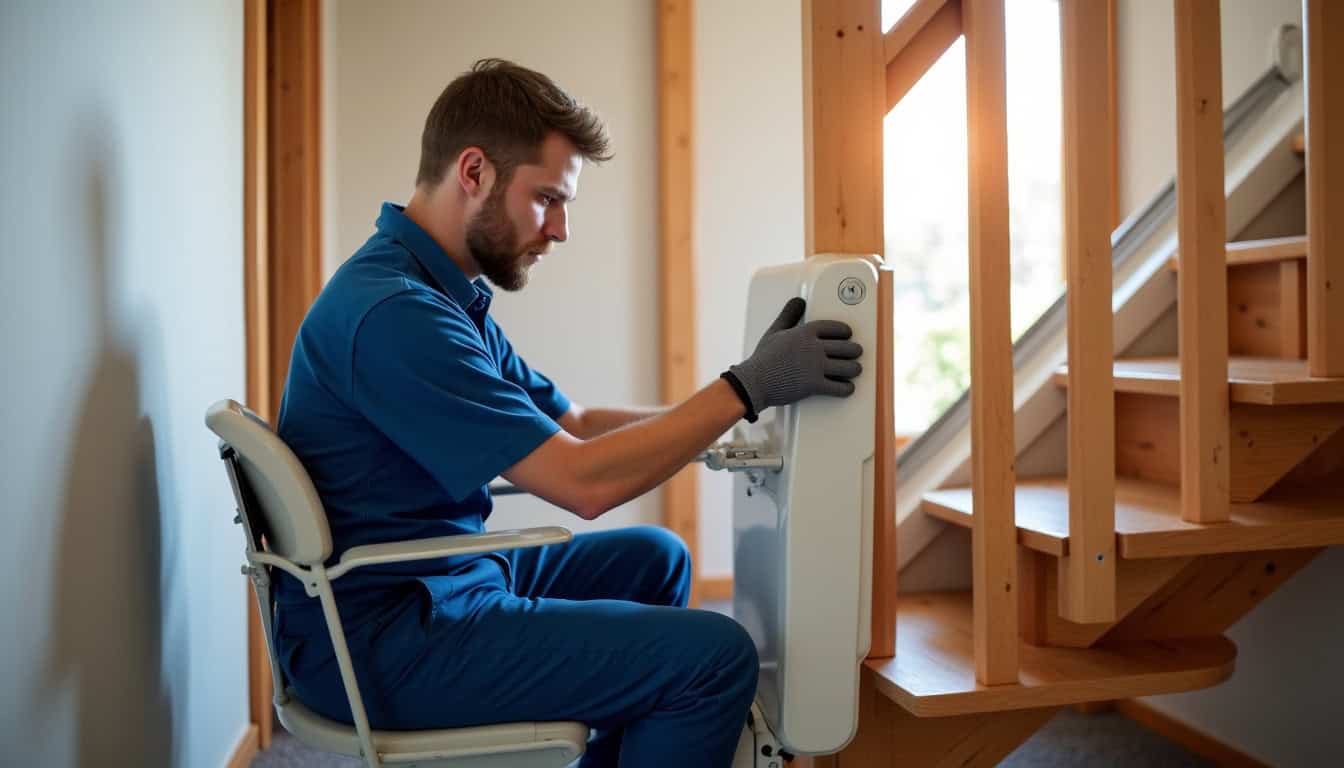 Technicien en train d’installer un monte-escalier dans une habitation à Gasville-Oisème