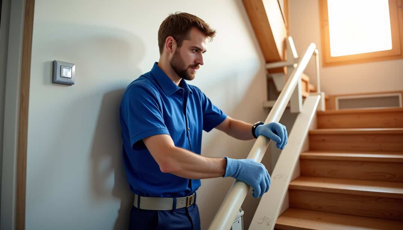 Technicien en train d’installer un monte-escalier dans une habitation à Les Septvallons