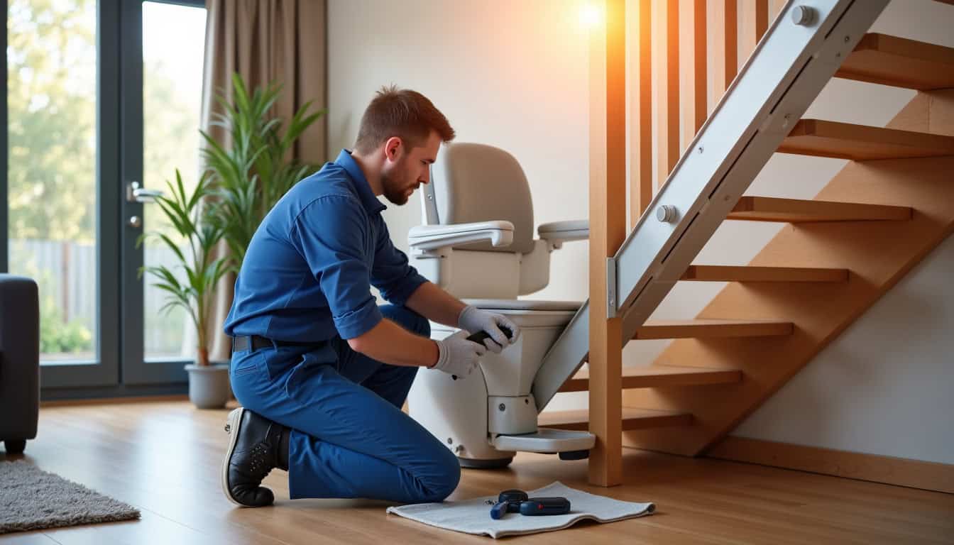 Technicien en train d’installer un monte-escalier dans une habitation à Pulversheim