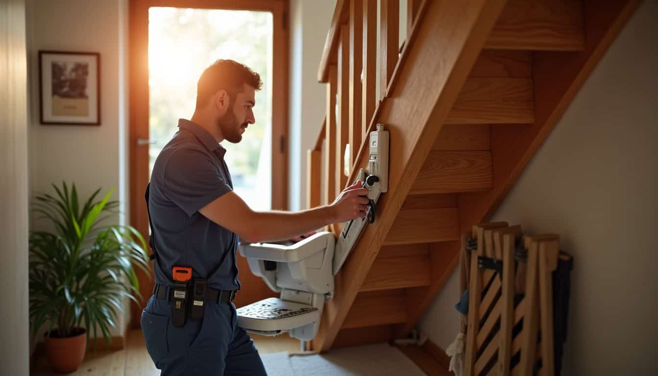 Technicien en train d’installer un monte-escalier dans une habitation à Saint-Julien-Molin-Molette