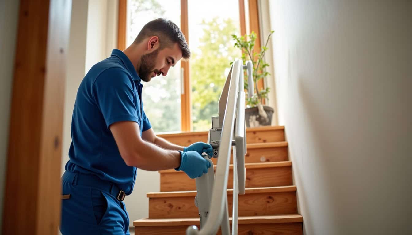 Technicien en train d’installer un monte-escalier dans une habitation du Var