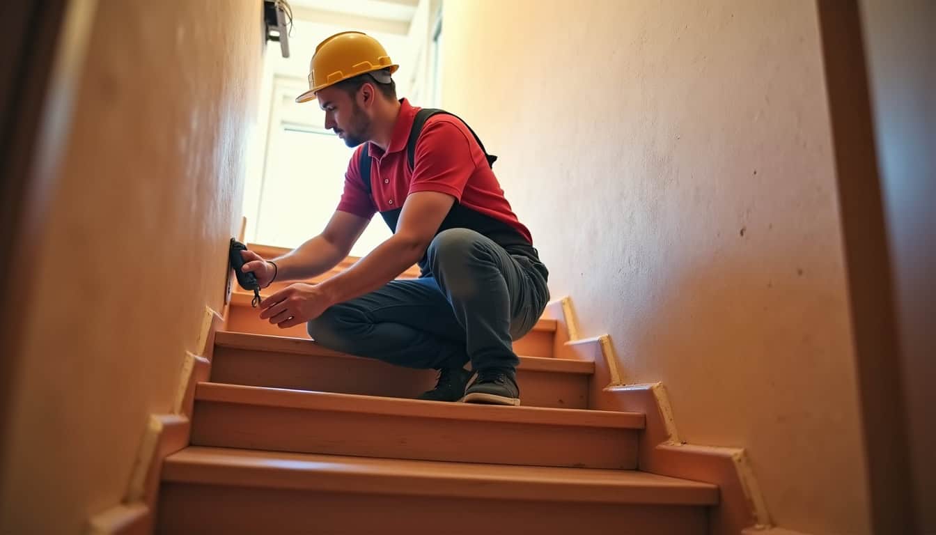 Technicien en train d’installer un monte-escalier dans une maison à Ambierle
