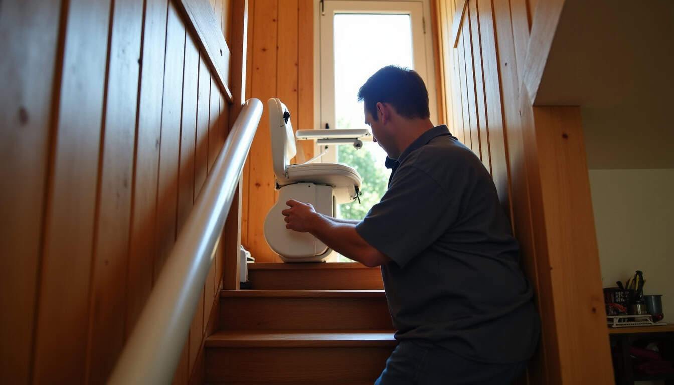 Technicien en train d’installer un monte-escalier dans une maison à Auros