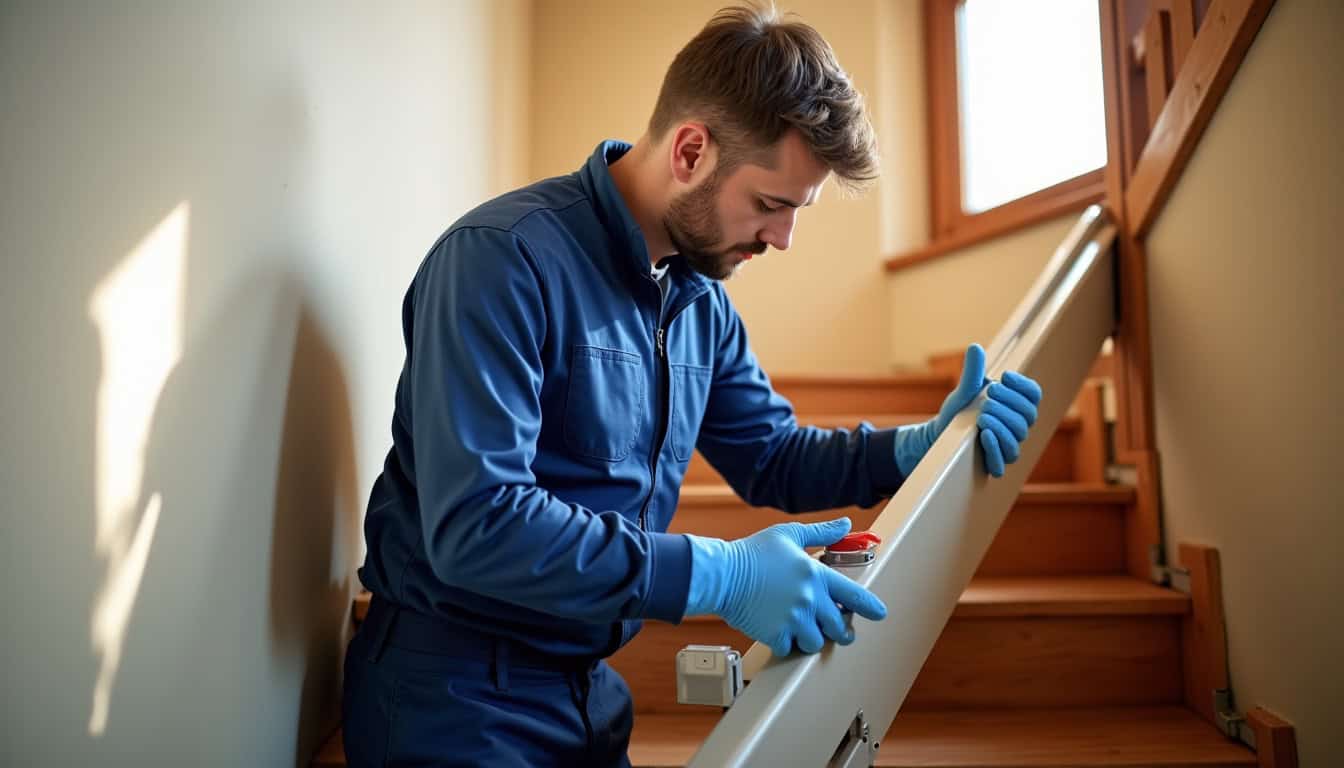Technicien en train d’installer un monte-escalier dans une maison à Balinghem