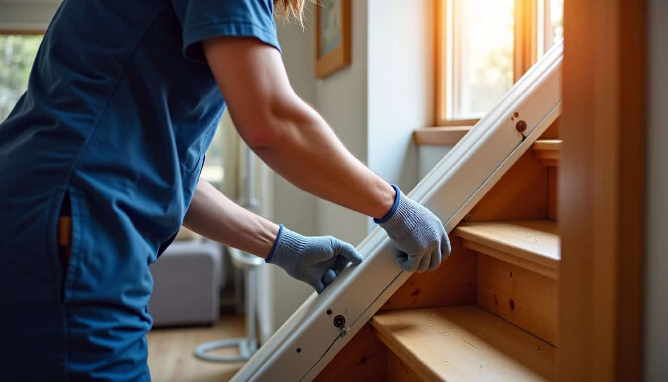 Technicien en train d’installer un monte-escalier dans une maison à Béard-Géovreissiat