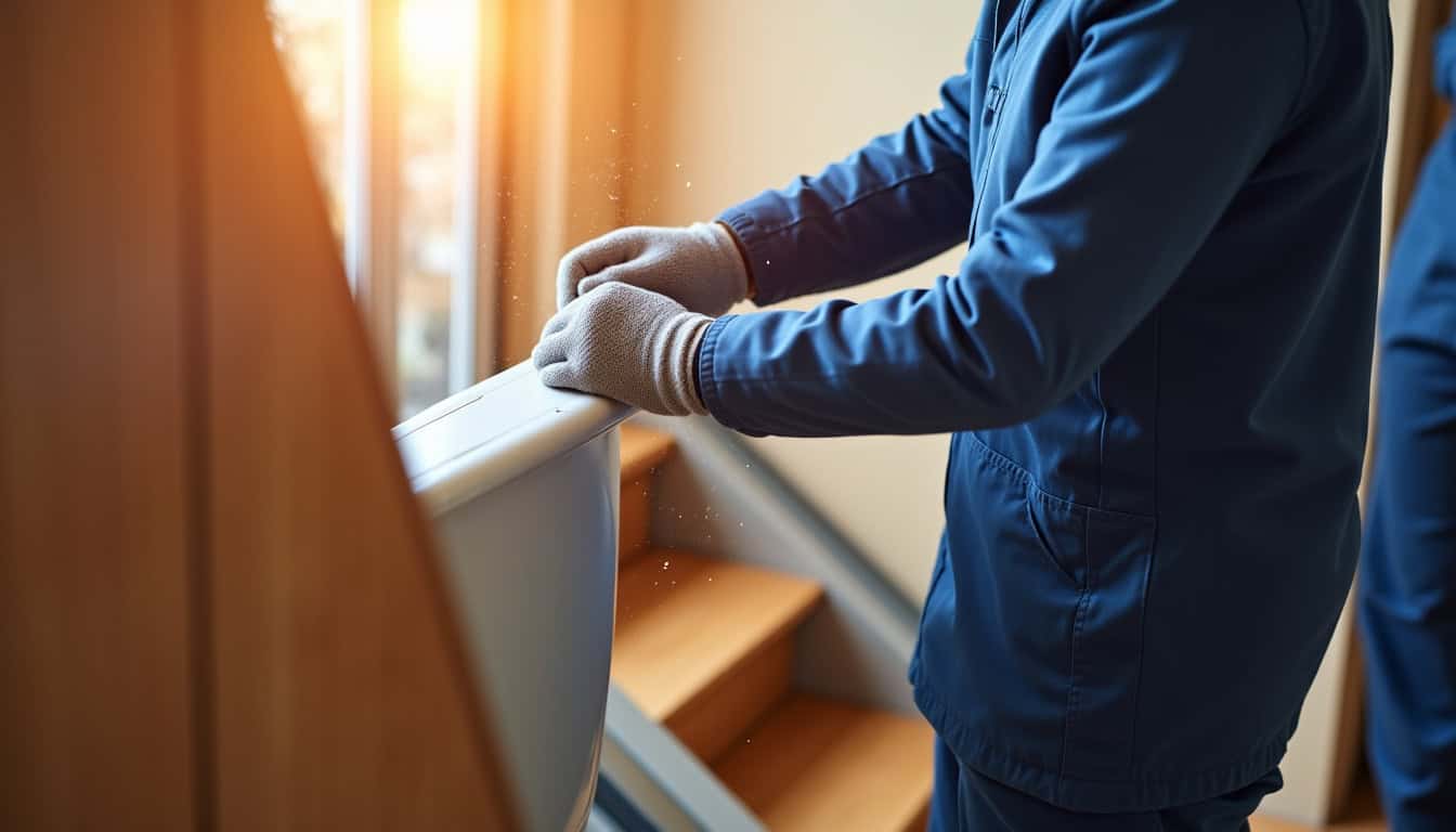 Technicien en train d’installer un monte-escalier dans une maison à Belleville-en-Beaujolais