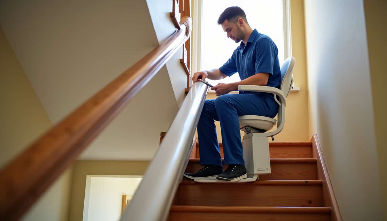 Technicien en train d’installer un monte-escalier dans une maison à Bignoux