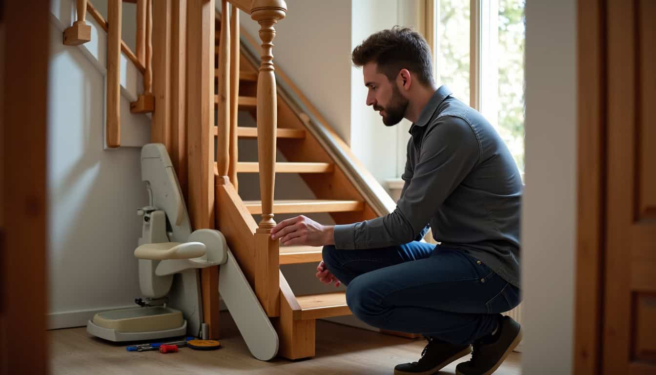 Technicien en train d’installer un monte-escalier dans une maison à Bourgs-sur-Colagne