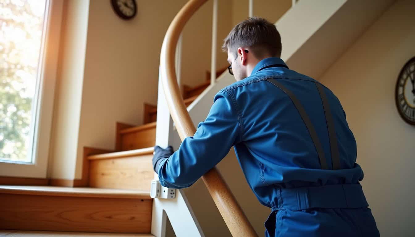 Technicien en train d’installer un monte-escalier dans une maison à Châteaugay