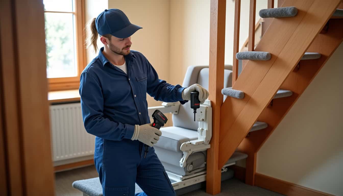 Technicien en train d’installer un monte-escalier dans une maison à Coise-Saint-Jean-Pied-Gauthier