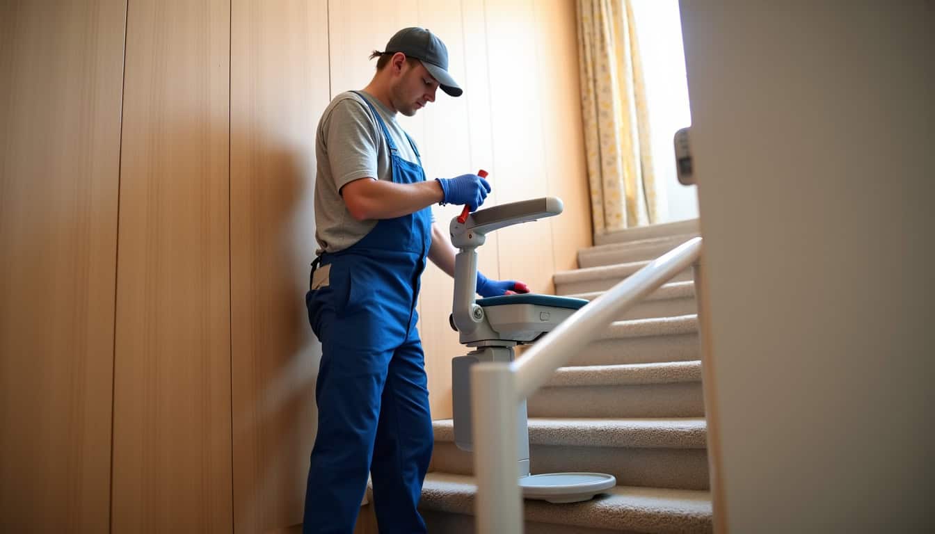 Technicien en train d’installer un monte-escalier dans une maison à Croisilles