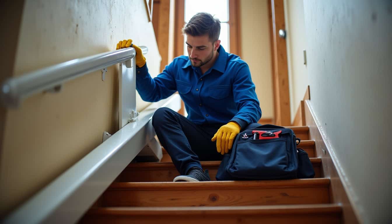 Technicien en train d’installer un monte-escalier dans une maison à Damazan