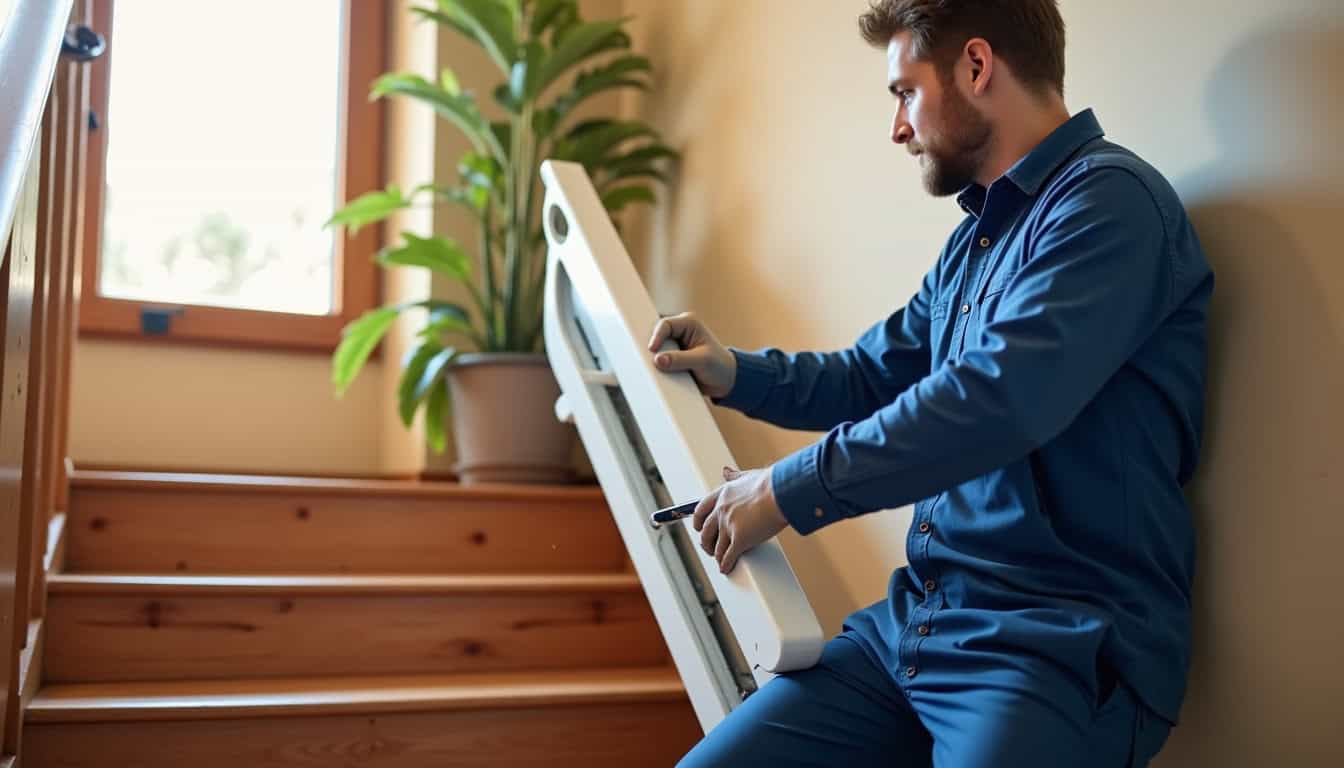 Technicien en train d’installer un monte escalier dans une maison à Dourgne