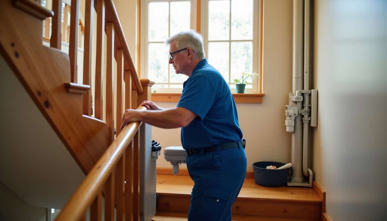 Technicien en train d’installer un monte-escalier dans une maison à Granville