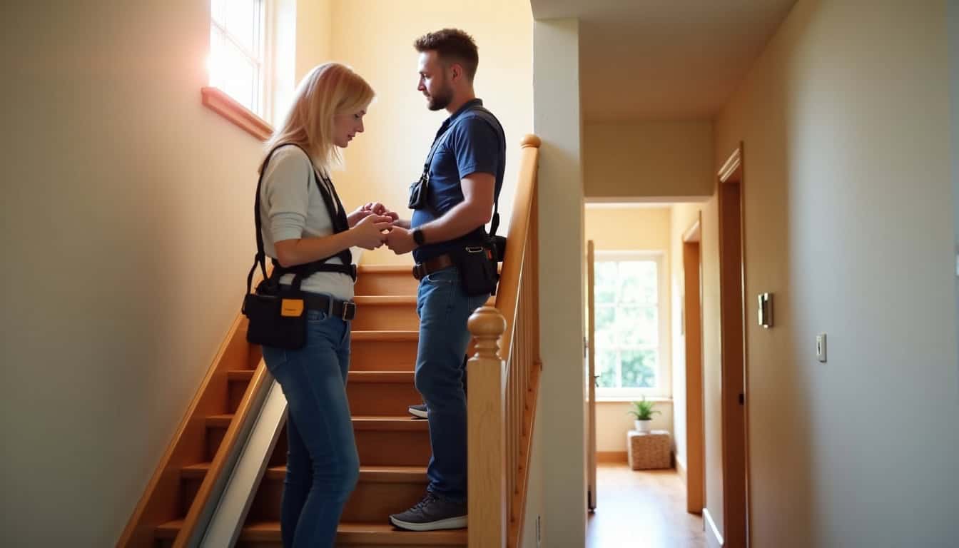 Technicien en train d’installer un monte-escalier dans une maison à Guise