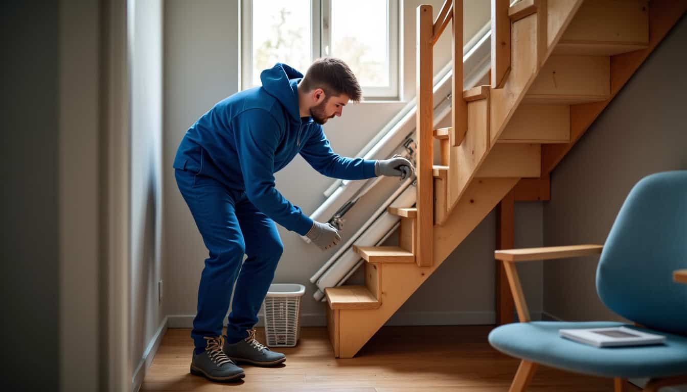 Technicien en train d’installer un monte-escalier dans une maison à Héric