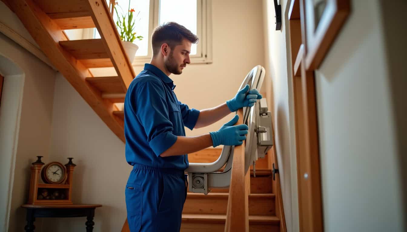 Technicien en train d’installer un monte-escalier dans une maison à Hérin