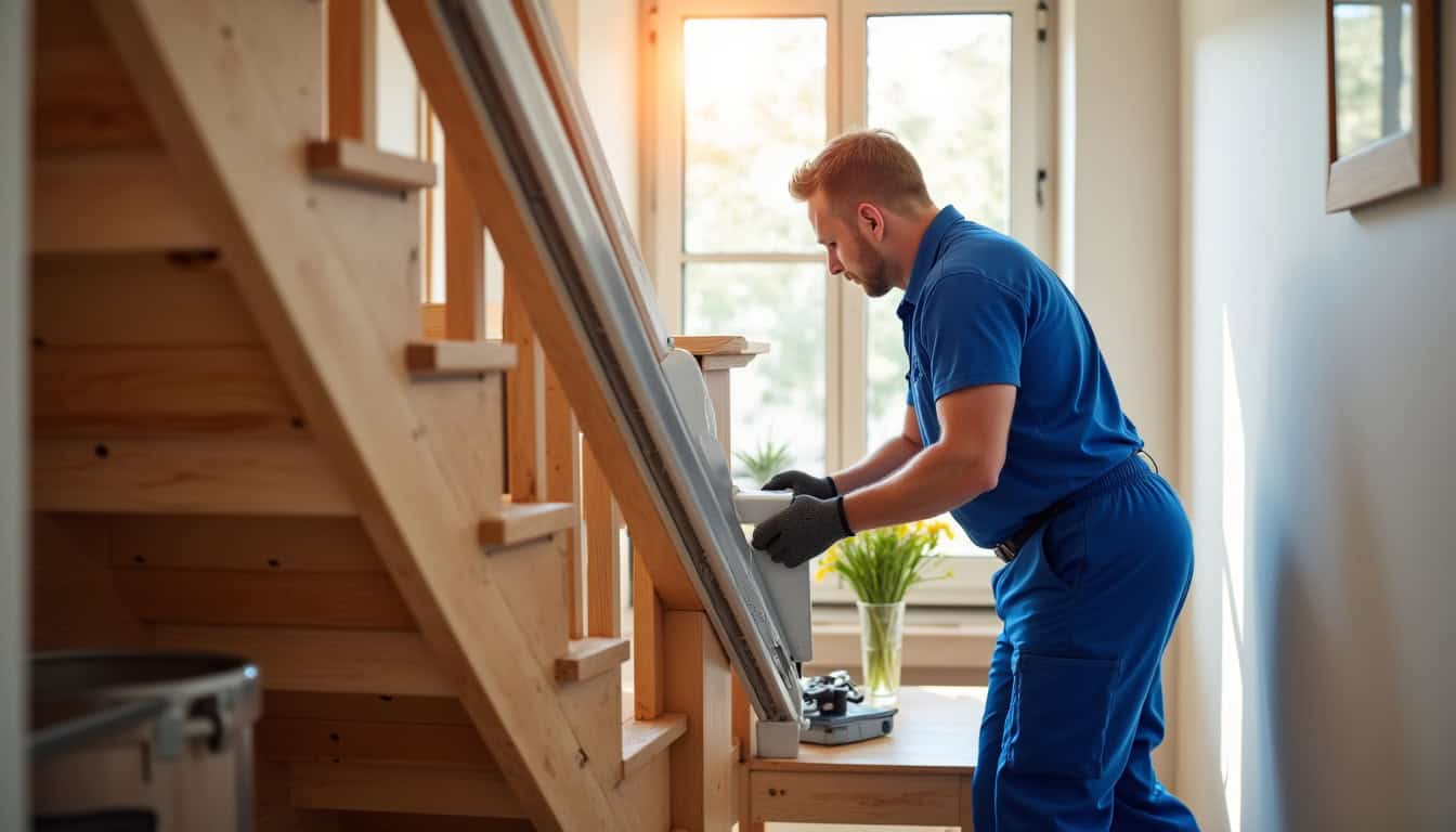 Technicien en train d’installer un monte escalier dans une maison à Jargeau