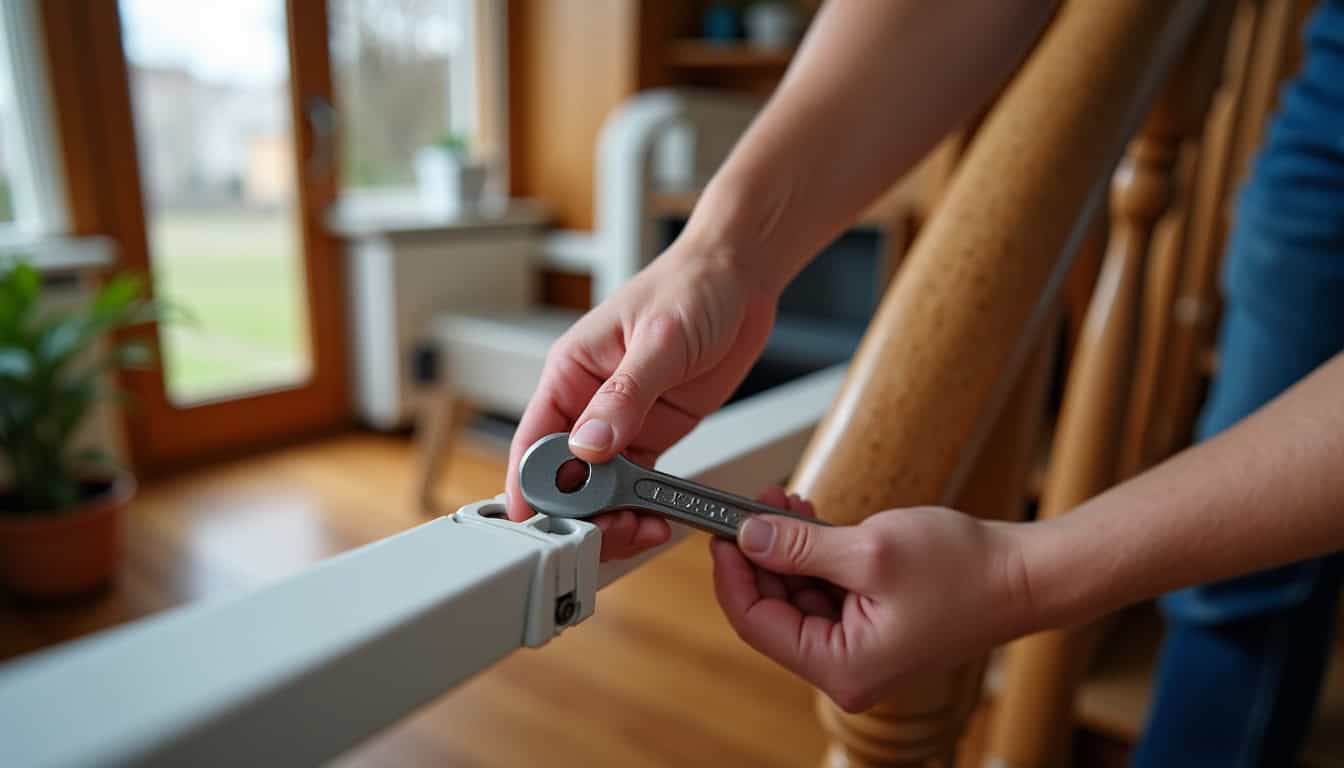 Technicien en train d’installer un monte-escalier dans une maison à La Selle-sur-le-Bied, avec matériel de fixation et rail en place